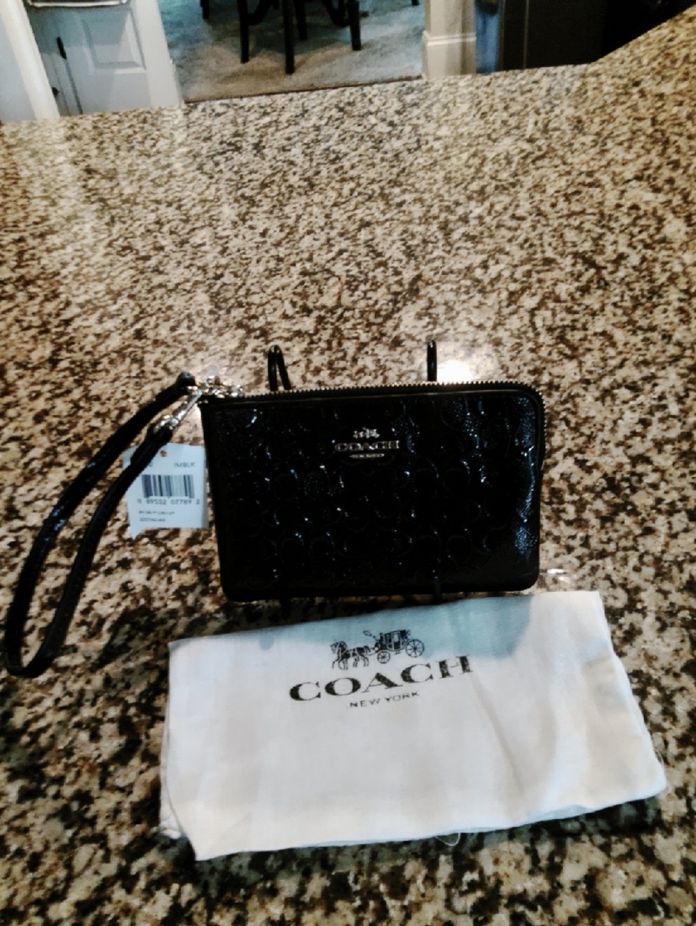 COACH Black Patent Signature Wristlet with Detachable Strap